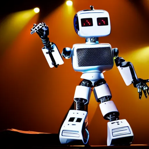 Prompt: a robot playing an electric guitar on stage