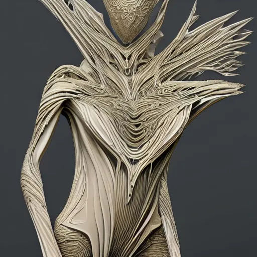 Prompt: dmt elf by zaha hadid, iris van herpen and rick owens. highly detailed, hyper - real, very beautiful, intricate fractal details, very complex, opulent, epic, mysterious, polished, futuristic design, trending on deviantart and artstation