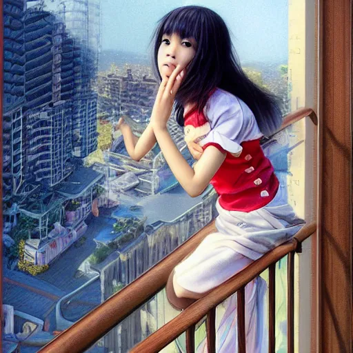 Prompt: Kotomi Ichinose Playing with her daughter on the balcony, professional modeling, looking down on the camera, detailed, centered, digital painting, artstation, concept art, donato giancola, Joseph Christian Leyendecker, WLOP, Boris Vallejo, Breathtaking, 8k resolution, extremely detailed, beautiful, establishing shot, artistic, hyperrealistic, beautiful face, octane render, cinematic lighting, dramatic lighting, masterpiece