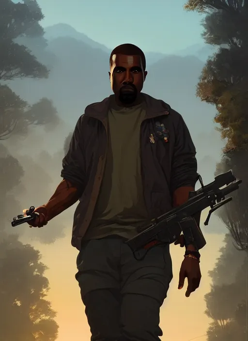 Image similar to highly detailed portrait kanye holding ak in gta v stephen bliss unreal engine fantasy art by greg rutkowski loish rhads ferdinand knab makoto shinkai lois van baarle ilya kuvshinov rossdraws tom bagshaw global illumination radiant light detailed intricate environment