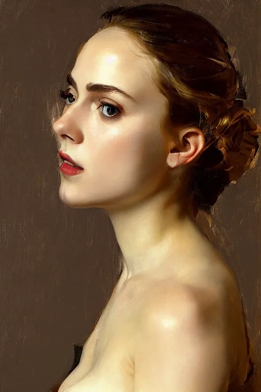 Prompt: beautiful oil matte portrait en buste, annasophia robb, art by anders zorn, wonderful masterpiece highly detailed, beautiful cinematic light deep focus, elegant, digital painting, smooth, sharp focus, golden ratio, dramatic illumination, ultra realistic, 8 k, art by artemisia lomi gentileschi and caravaggio