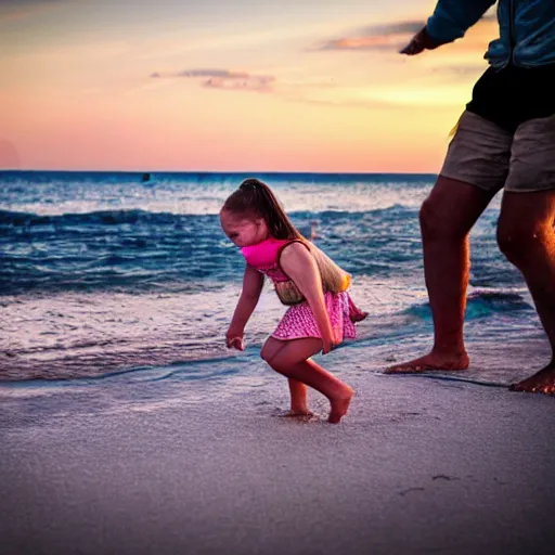 Prompt: of little girl raiding on crab on the beach.