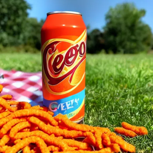 Image similar to a can of cheetos soda at a picnic in the park