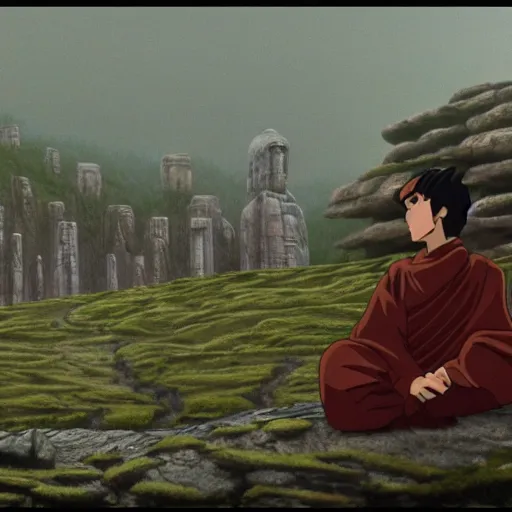 Image similar to movie still from princess mononoke ( 1 9 9 7 ) showing a highly detailed landscape with two monks praying with stonehenge in the background 1 9 8 0 s science fiction, 1 9 7 0 s science fiction, cyberpunk, moody, misty, depth perception, 4 k, artstation