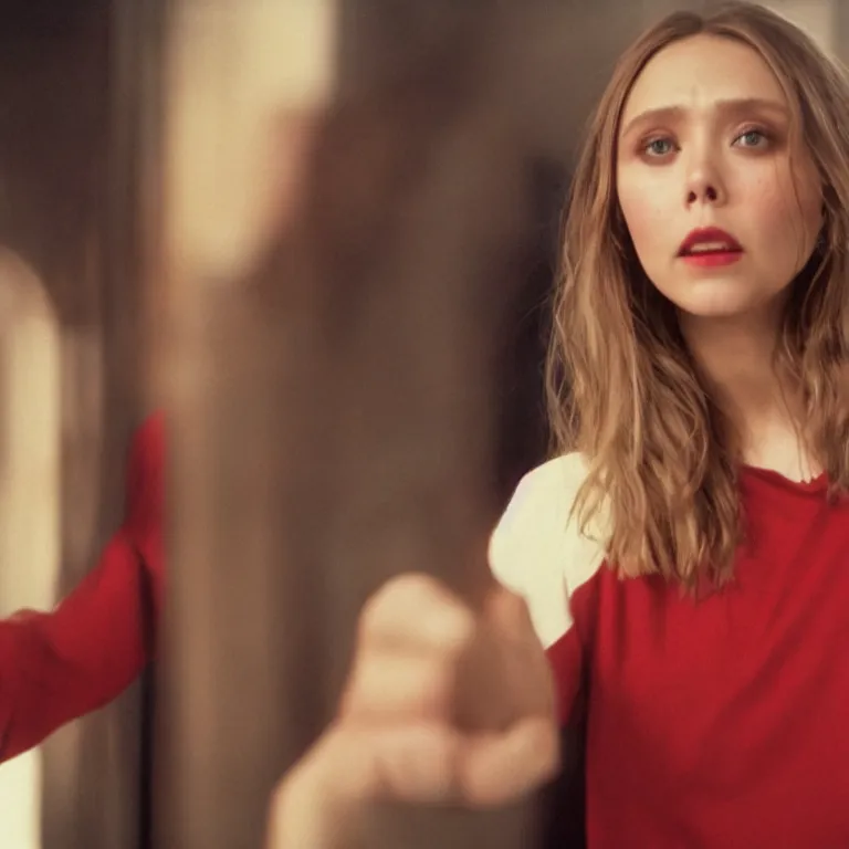 Image similar to Elizabeth olsen angry and pointing with red shirt acting, backrooms, cinematic shot, cinestill 800 t