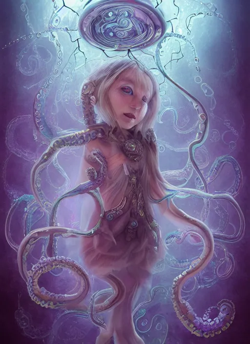 Image similar to A full shot of a cute magical monster Cryptid wearing a dress made of opals and tentacles. Chibi. Subsurface Scattering. Translucent Skin. Caustics. Prismatic light. defined facial features, symmetrical facial features. Opalescent surface. Soft Lighting. beautiful lighting. By Giger and Ruan Jia and Artgerm and WLOP and William-Adolphe Bouguereau and Loish and Lisa Frank. Sailor Moon. trending on artstation, featured on pixiv, award winning, sharp, details, intricate details, realistic, Hyper-detailed, HD, HDR, 4K, 8K.