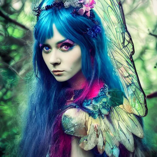 Prompt: portrait by bella kotak, beautiful fairy with vibrant fairy wings, a forest clearing in the background, bright eyes, luminescent colors, otherworldly, high fantasy art, soft glow, iridescent colors, ethereal aesthetic, fashion photography, intricate design, fae elements, detailed shiny blue hair, whimsical, atmospheric,