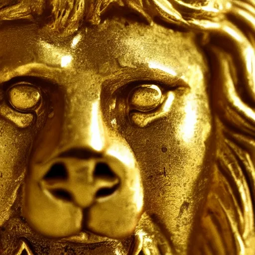 Prompt: an ancient roman gold coin with the face of a lion, close up photo, ultra realistic, studio photo, bokeh. intricate details.