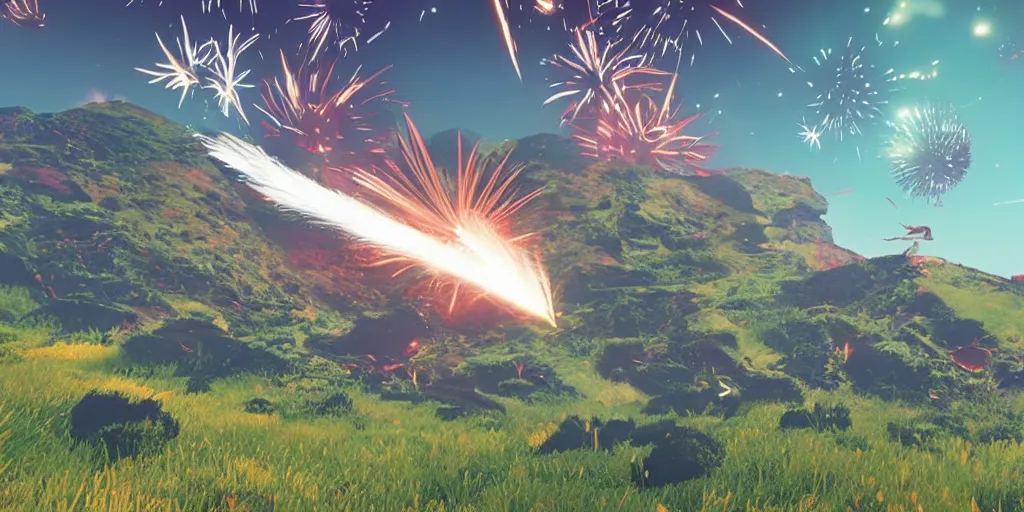 Prompt: shooting fireworks, no mans sky concept art, flying snakes