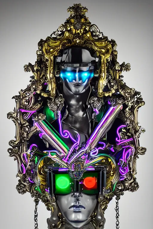 Prompt: full-body neon chrome bladerunner and baroque style sculpture of a young handsome Cuban prince wearing cholo shades as a half android with a porcelain chest opening exposing circuitry and electric sparks, glowing laser beam eyes, crown of giant diamonds, flowing neon-colored silk, fabric, raptors. baroque elements. full-length view. baroque element. intricate artwork by caravaggio. many many birds birds on background. Trending on artstation, octane render, cinematic lighting from the right, hyper realism, octane render, 8k, depth of field, 3D