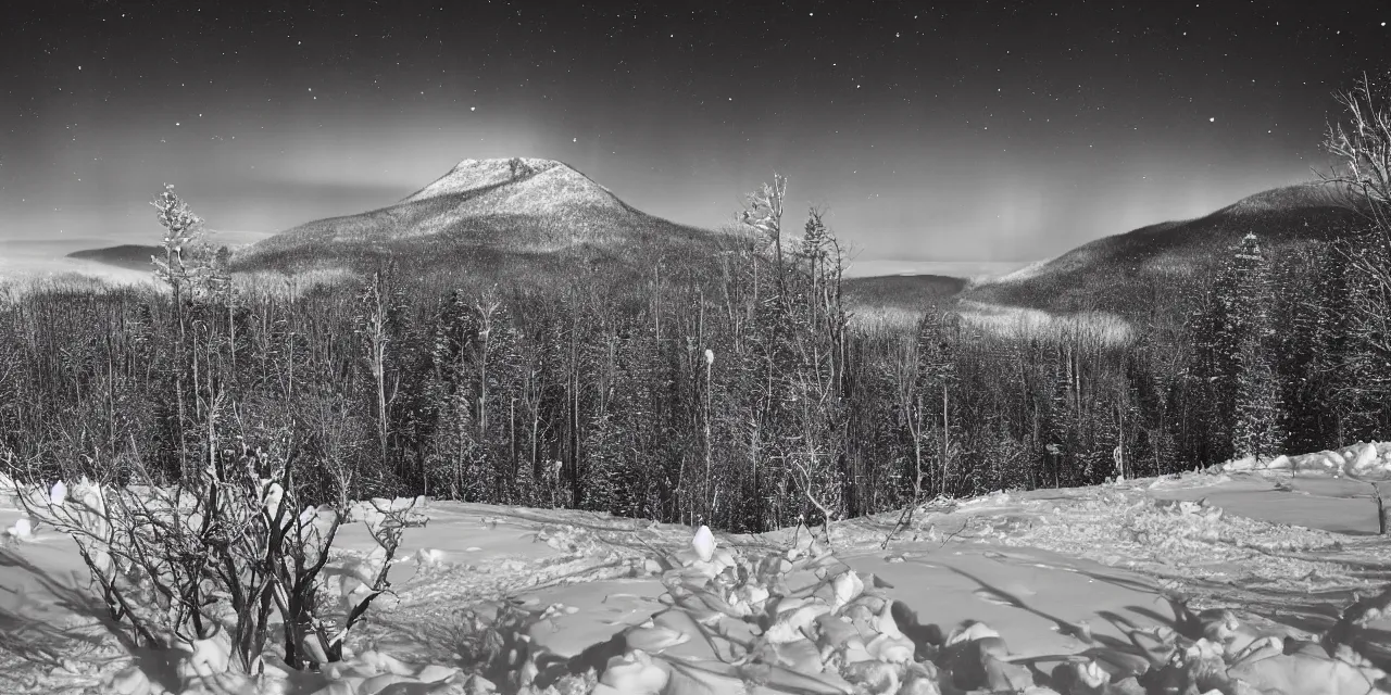 Image similar to laurentian appalachian mountains in winter, unique, original and creative landscape, photography by ansel adams, snowy night, distant town lights, aurora borealis, deers and ravens, footsteps in the snow, brilliant composition