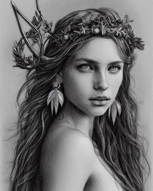 Image similar to pencil drawing of a beautiful greek goddess aphrodite wearing a laurel wreath and arrowhead earrings, beautiful confident and piercing eyes, beautiful flowing hair, hyper realistic face, in the style of greg rutkowski, fantasy, amazing detail, epic, elegant, smooth, sharp focus, from the front