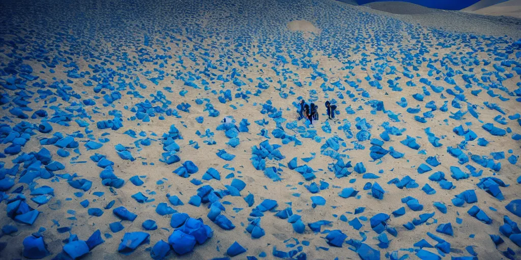 Image similar to people with blue bodies, raising pyramid out of the sands, wide angle, cinematic atmosphere, elaborate, highly detailed, dramatic lighting