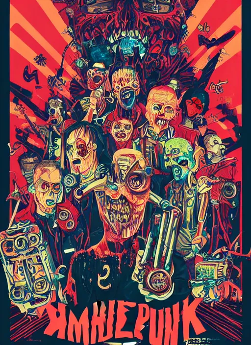 Prompt: zombie punk band poster, tristan eaton, victo ngai, artgerm, rhads, ross draws