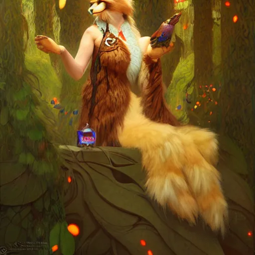 Prompt: a female owl owlwoman bird in magic robes at night in a dark forest. zootopia fursona furaffinity furry art detailed face painting by gaston bussiere craig mullins jc leyendecker gustav klimt artgerm greg rutkowski furry