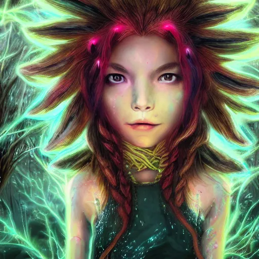 Image similar to magical astonishing dark forest is protected by an indigenous girl, her hair glows on fire as she protects the forest with her fire powers. trending on artstation, splash art hyper-detailed, 4K