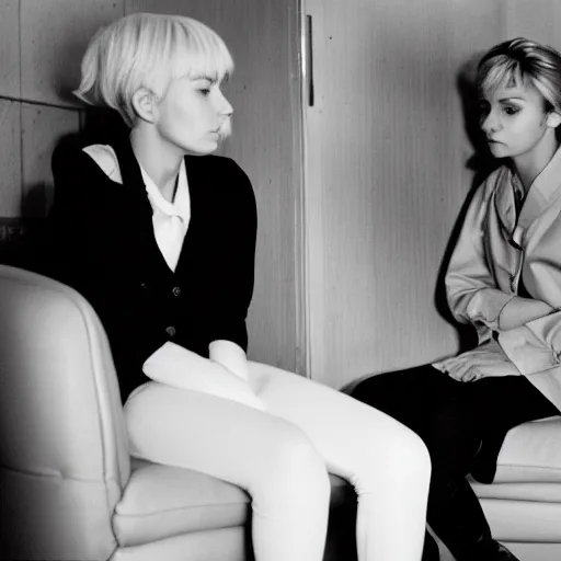 Image similar to Platinum-blonde-haired hime-cut blue-eyed 27-year-old French princess wearing white leggings, black jacket, boots, sitting in communist public housing apartment, talking to black-haired Japanese girl