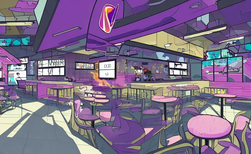 Image similar to the interior of a taco bell, anime scenery, digital art