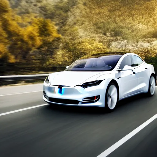 Prompt: 2032 tesla model Q, electric car, centered in frame advertisement, motion blur, commercial, 4k, futuristic, realistic, photography, aesthetic, clean, mountain road, springtime