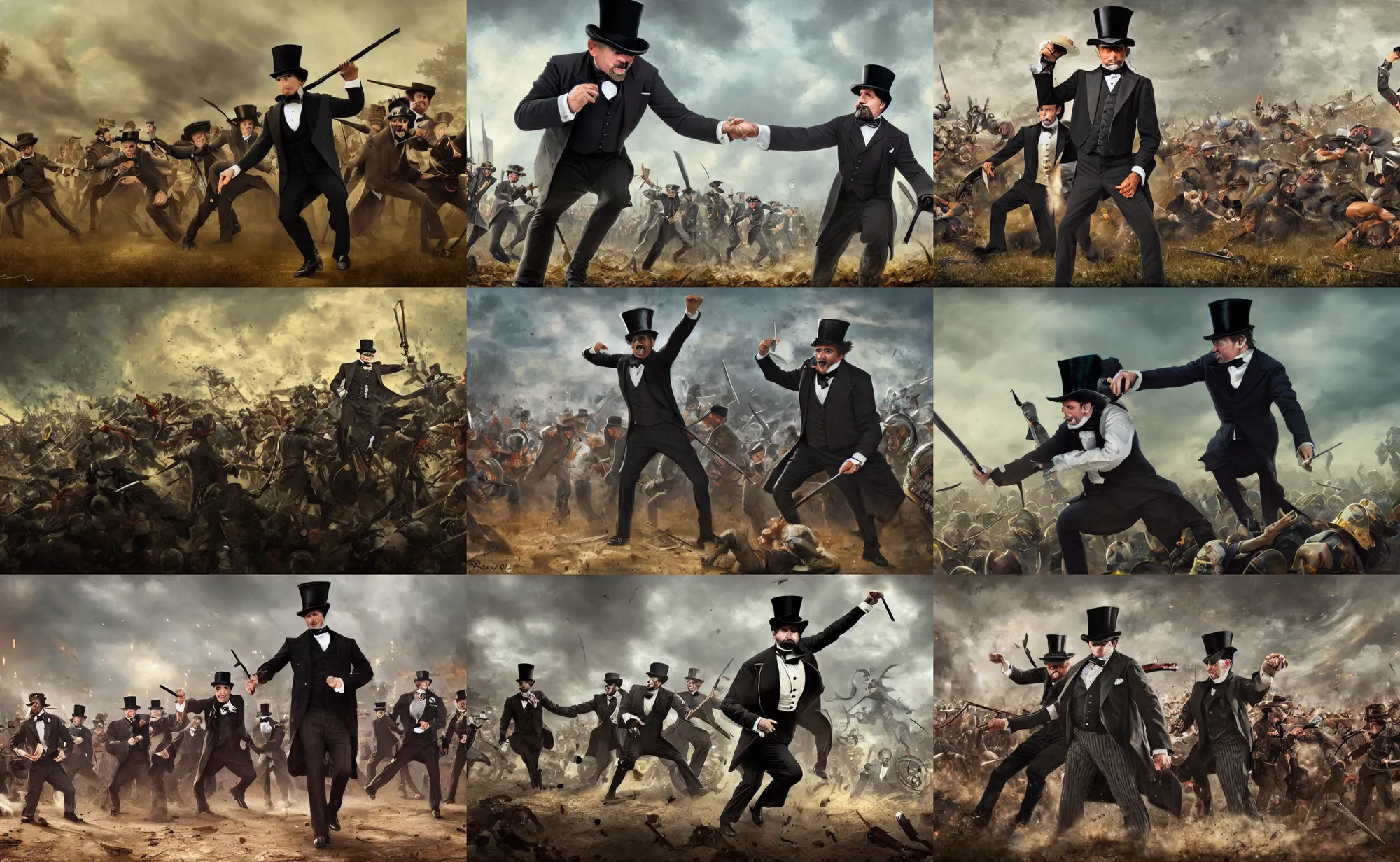 Prompt: cinematic artwork of middle aged man with a top hat and a fine suit fighting in battle against an army of warriors by greg rutowski, 4 k, fantasy, masterpiece