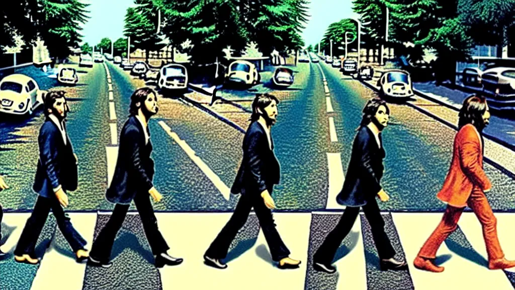 Image similar to The Beatles made out of Honey!! on abbey road, film still from the movie directed by Denis Villeneuve