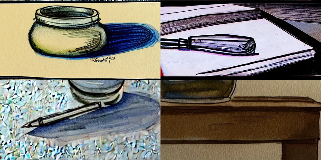 Prompt: sketch of quill pen and ink jar on a desk, afternoon lighting, watercolor