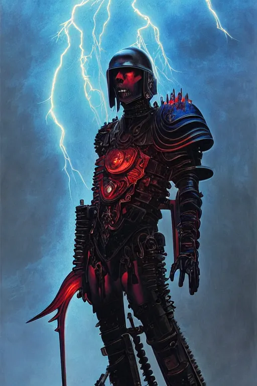 Prompt: portrait of gothic and futuristic young man, warhammer, cyberpunk armor, a lot of scars, thunderstorm, blue head, fire eyes, some red, the middle ages, highly detailed, artstation, in the style of moebius, jugendstil and classic japanese print, art by greg rutkowski and jean delville