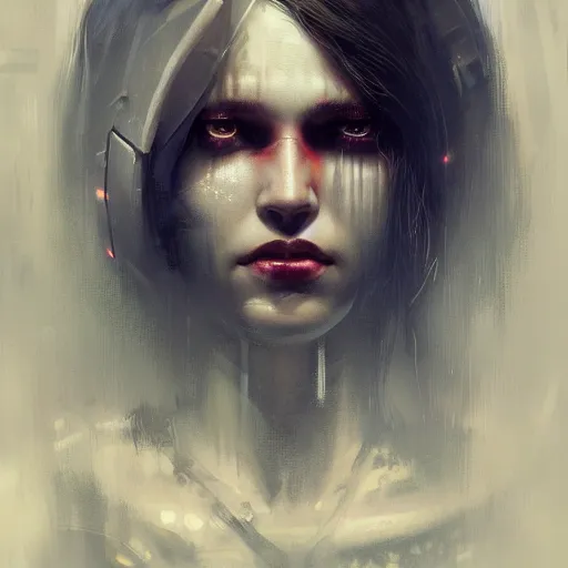 Image similar to young beautiful woman, cyberpunk, glowing eyes, high detail, dramatic light, digital art, dark, painted by seb mckinnon and greg rutkowski, trending on artstation