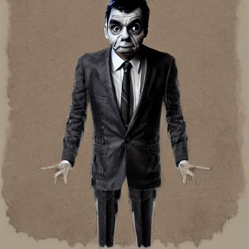 Image similar to surrealism grunge cartoon portrait sketch of Mr Bean, by michael karcz, loony toons style, freddy krueger style, horror theme, detailed, elegant, intricate