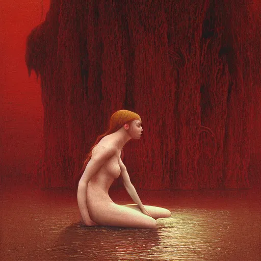 Image similar to portrait, shore of the lake, woman, wrapped around by veins, various clothes, glowing red, by edgar maxence and ross tran, zdzisław beksinski, and michael whelan, distant, gustav dore, h. r. giger, 8 k, octane render