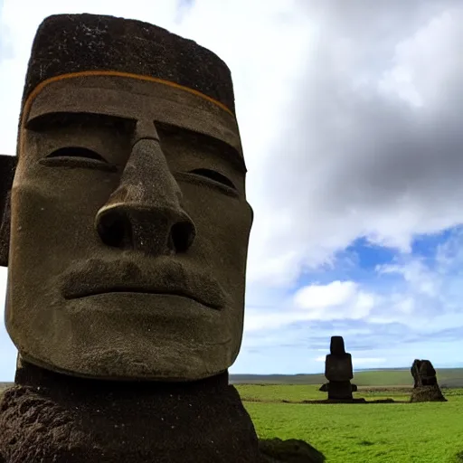 Image similar to walter white taking a selfie on rapa nui, moai