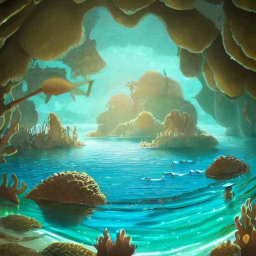 Image similar to a detailed illustration a idyllic underwater ocean scene by Alex Hirsch, trending on artstation, cgsociety, deviantart