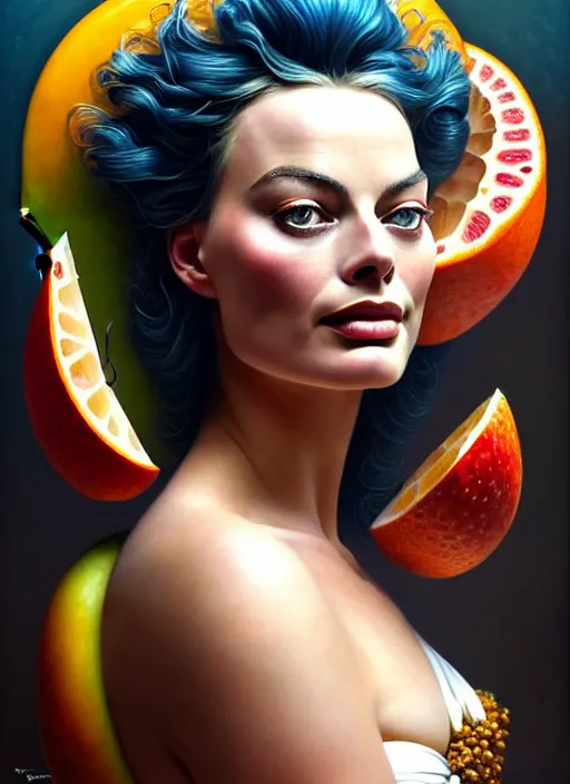 Prompt: margot robbie as an goddess of fruits, aesthetic, fine art, intricate, elegant, highly detailed, realistic hair, centered, digital painting, art station, conceptual art, soft, sharp focus, illustration, artwork, artgerm, tomasz alen kopera, peter mohrbacher, donato giancola, wlop, boris vallejo