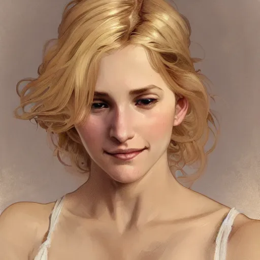 Image similar to A pregnant blond woman with closed eyes smiling, very detailed sharp angular masculine face, hooked nose and square jaw long fluffy curly blond hair, light blond hair, gorgeous, beautiful, intricate, highly detailed, digital painting, artstation, concept art, sharp focus, illustration, art by greg rutkowski and alphonse mucha