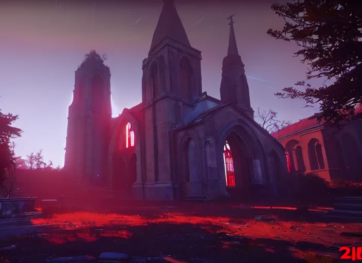 Image similar to ancient church with red shafts of light in destiny 2, foggy, liminal, dark, dystopian, beautiful architecture, abandoned, highly detailed 4 k 6 0 fps in - game destiny 2 gameplay screenshot leak