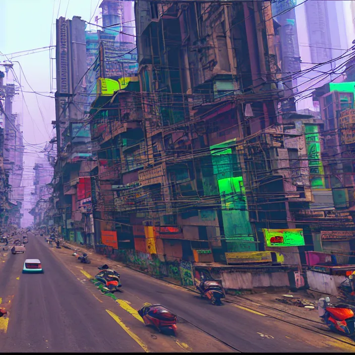 Prompt: streets of mumbai in 2 0 7 0, cyberpunk, futuristic, high fidelity, uncompressed png