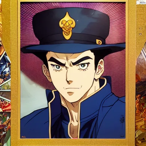 Image similar to highly detailed vfx portrait of jotaro kujo in bologna, makoto shinkai, alphonse mucha, sharp focus, art by artgerm and greg rutkowski!, backlit, harsh overhead sunlight, blue eyes, stanley kybric, takeshi obata, kaoru mori, pixiv, fanbox,