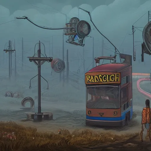 Prompt: ricky berwick, simon stalenhag, horror, eldritch horror, foggy