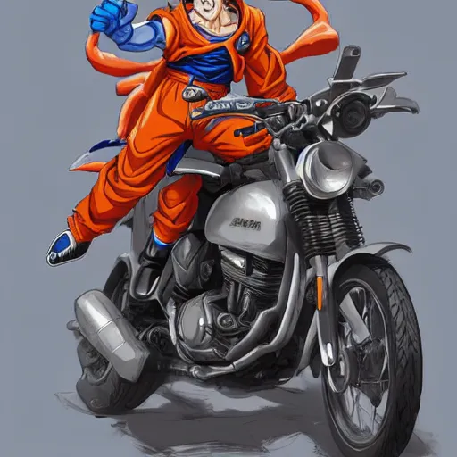 Image similar to goku dressed as a motorcyclist, by Stanley Artgerm Lau, WLOP, Rossdraws, James Jean, Andrei Riabovitchev, Marc Simonetti, Yoshitaka Amano, ArtStation, CGSociety,