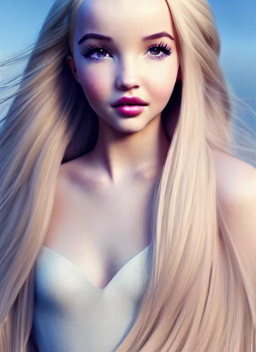Image similar to a gorgeous female photo of a mix of dove cameron and madison beer, professionally retouched, soft lighting, wearing a feather dress, realistic, smooth face, perfect eyes, wide angle, sharp focus on eyes, full body centerfold, 8 k high definition, insanely detailed, intricate, elegant, art by artgerm and wlop