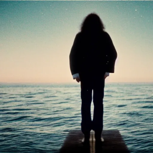 Prompt: michael jackson standing on a raised translucent platform in the middle of the sea, night time with milky way in the sky. cinematic, 3 5 mm film, sharpness, nostalgic and melancholic 4 k, 8 k