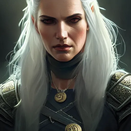 Prompt: A female version of Geralt from the witcher, golden eyes, intricate, elegant, highly detailed, digital painting, artstation, concept art, smooth, sharp focus, illustration, art by artgerm and greg rutkowski and alphonse mucha