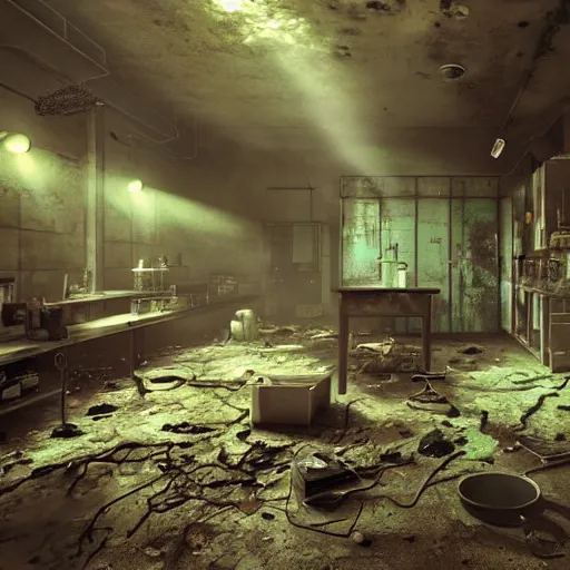 Prompt: “derelict and laboratory 🧪, lab equipment under neon light, broken lights, a body on the floor, shadows of zombies, muted tones, volumetric lighting, puddles, moss, branches, photorealism, high detail, golden ratio, cinematic, octane renderer, the last of us”