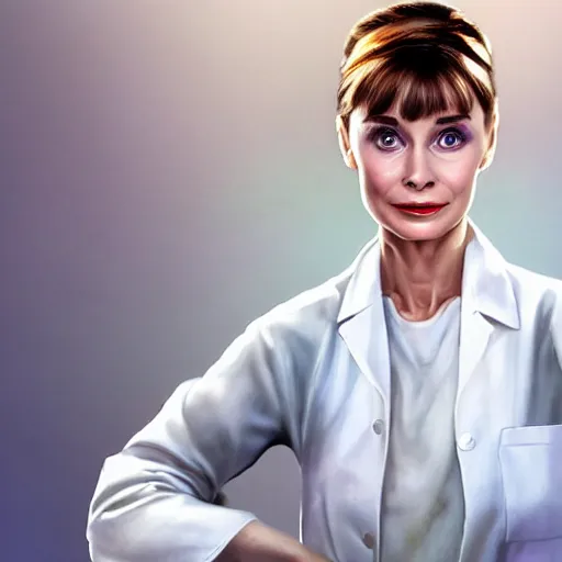 Prompt: a highly detailed epic cinematic concept art CG render digital painting artwork costume design: Audrey Hepburn as a 1950s scientist lunatic in a lab coat, with wild unkempt hair. By Mandy Jurgens, Simon Cowell, Barret Frymire, Dan Volbert, David Villegas, Irina French, Heraldo Ortega, Rachel Walpole, Jeszika Le Vye, trending on ArtStation, excellent composition, cinematic atmosphere, dynamic dramatic cinematic lighting, aesthetic, very inspirational, arthouse