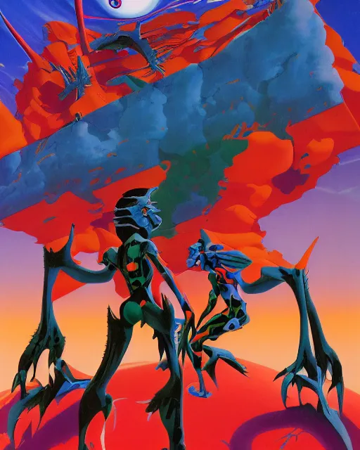 Image similar to evangelion by roger dean, by julie bell, 4 k, hyper detailed