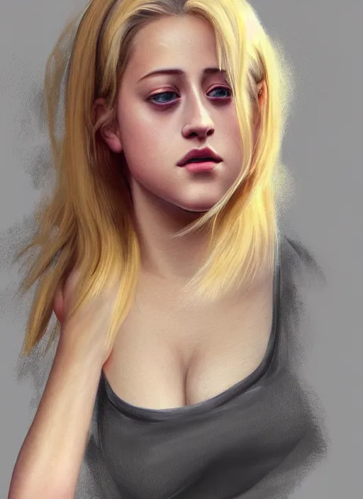 Image similar to full body portrait, teenage lili reinhart, blonde hair, obese, bangs, ponytail, sultry, realistic, sultry, fluffy bangs, shirt, curly bangs, fat, belly, intricate, elegant, highly detailed, digital painting, artstation, concept art, smooth, sharp focus, illustration, art by wlop, mars ravelo and greg rutkowski