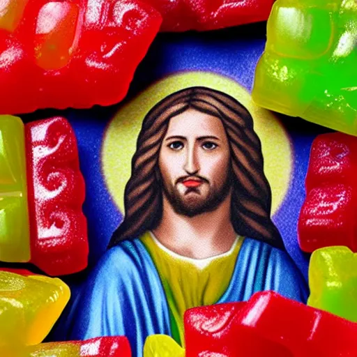 Prompt: portrait of jesus on the cross made of gummi bears