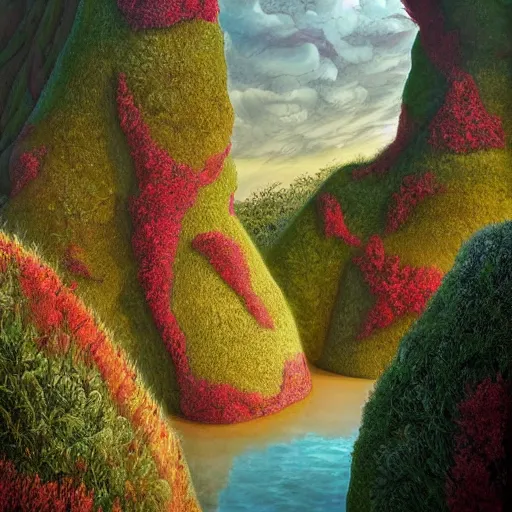 Prompt: artistic digital artwork of a lush natural scene on an alien planet. beautiful landscape by vincent bons, michael whelan and remedios varo. weird vegetation. cliffs and water. grainy and rough. interesting pastel colour palette. beautiful light. oil and water colour based on high quality render.