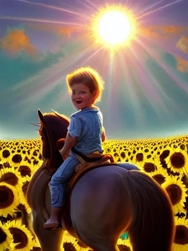 Prompt: a small happy todler, riding a horse in a sunflower field, a giant sun in the background. intricate, elegant, highly detailed, digital painting, artstation, concept art, sharp focus, illustration, by justin gerard and artgerm, 8 k