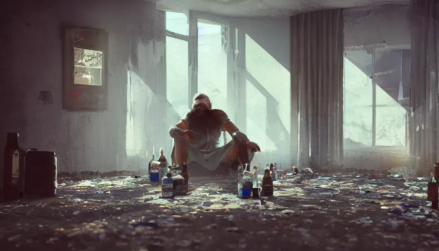Image similar to homeless man drinking beers in an old abandoned motel, heat wave, sunlight through broken windows, curtains on the dusty floor, bottles, hyperdetailed, artstation, cgsociety, 8 k